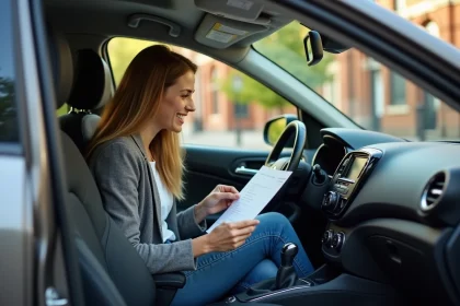 Femme souriante dans une voiture citadine en train de lire un contrat