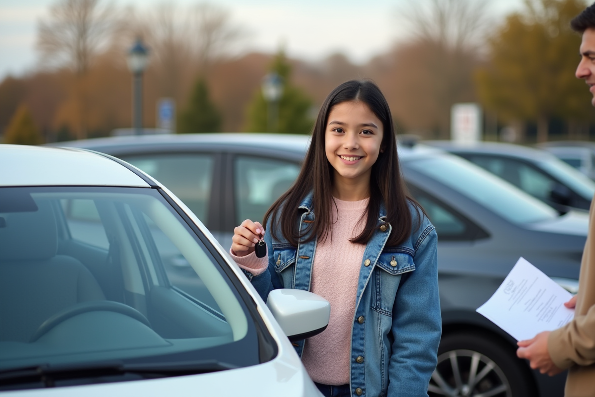 Fille avec clés de voiture et sourire dans un parking
