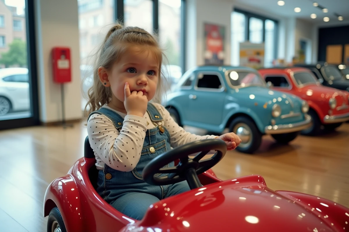 Fille curieuse dans un showroom de voitures pour enfants