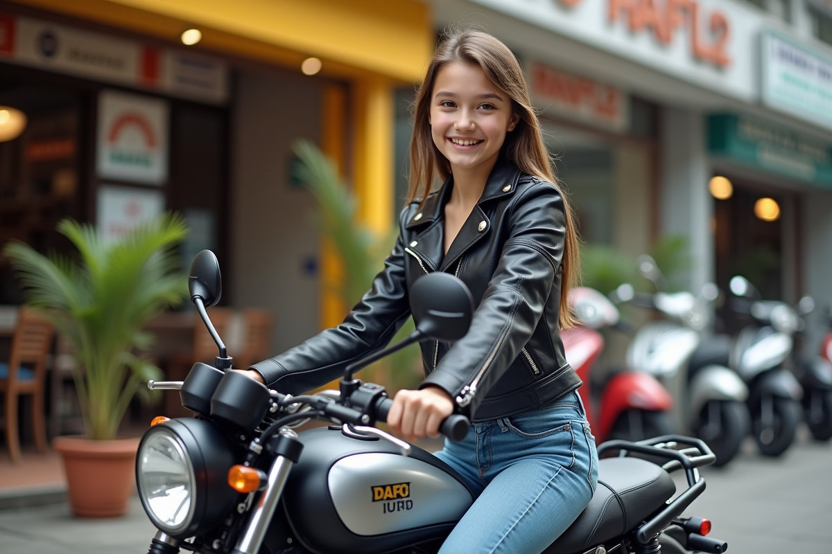 Fille souriante sur une petite moto devant un concessionnaire