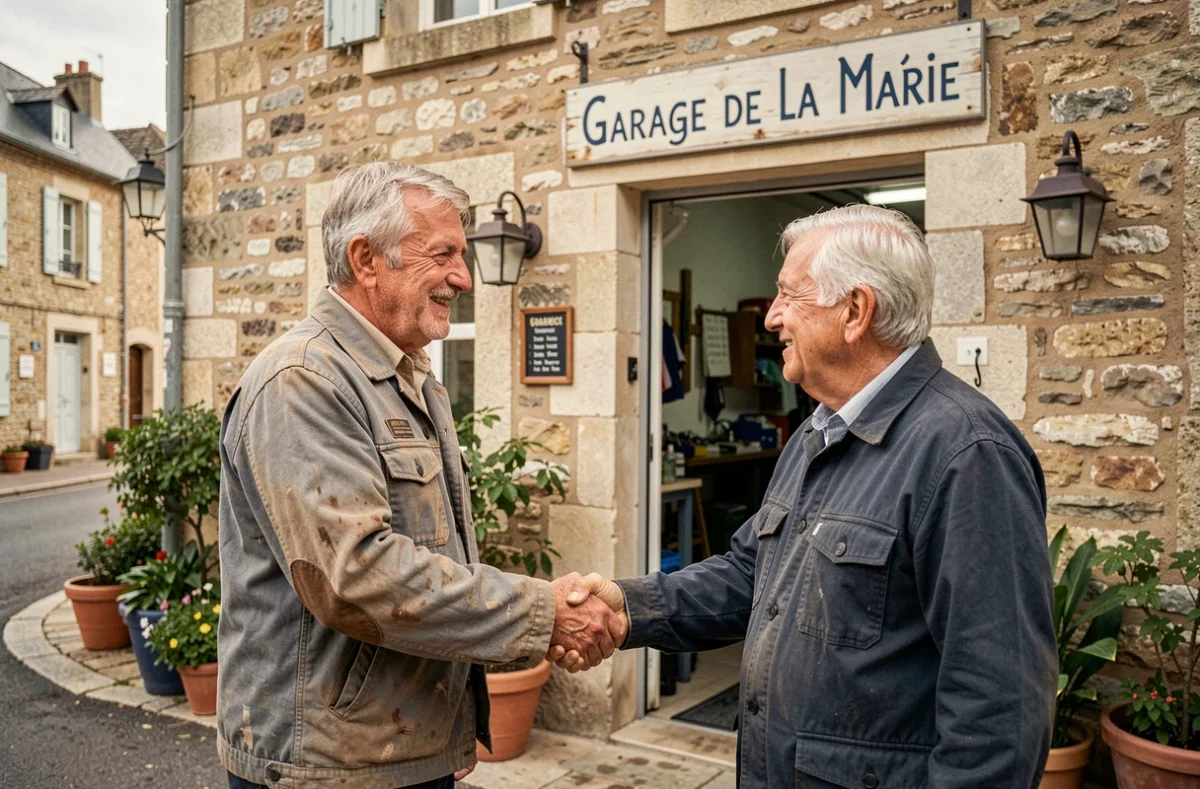 Le garagiste de confiance du Garage de la Mairie accueillant un client fidèle du quartier devant sa façade en pierre