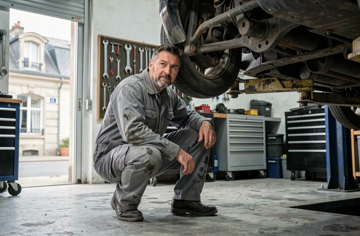 Mécanicien du Garage Pouvreau inspectant un véhicule sur un pont élévateur dans un atelier indépendant en Vendée, avec des outils et la porte du garage ouverte en arrière-plan