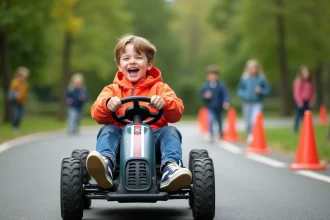 Garçon enthousiaste dans une voiture électrique pour enfants