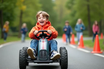 Garçon enthousiaste dans une voiture électrique pour enfants