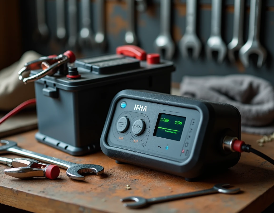 Gros plan d'un chargeur de maintien branché sur une batterie de voiture posée sur un établi d'atelier