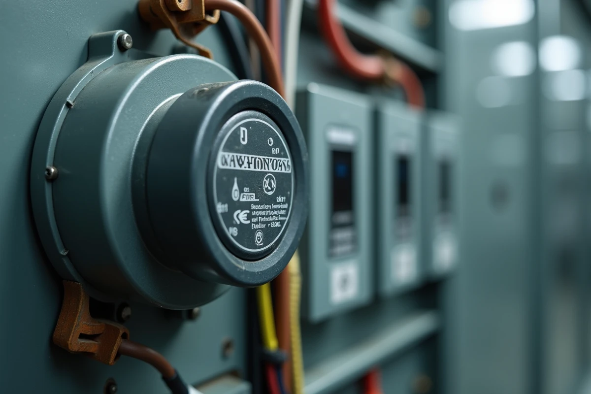 Gros plan d'un condensateur électrolytique avec étiquettes de conformité CE monté sur un moteur électrique industriel