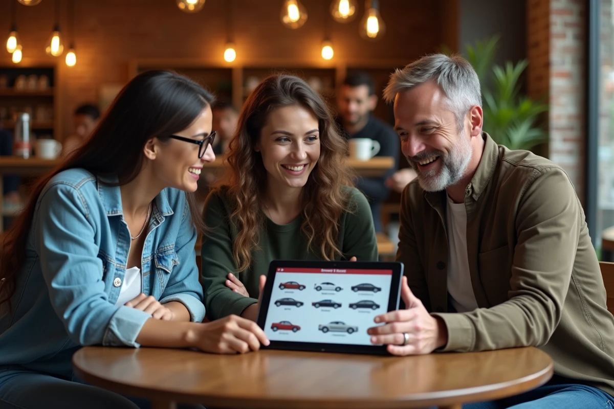 Groupe de personnes comparant des marques et modèles de voitures sur une tablette dans un café