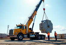 Camion avec grue installant une plaque d'ancrage solide sur un chantier