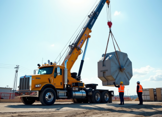 Les meilleures techniques d’ancrage porteur pour camion Camion avec grue installant une plaque d'ancrage solide sur un chantier