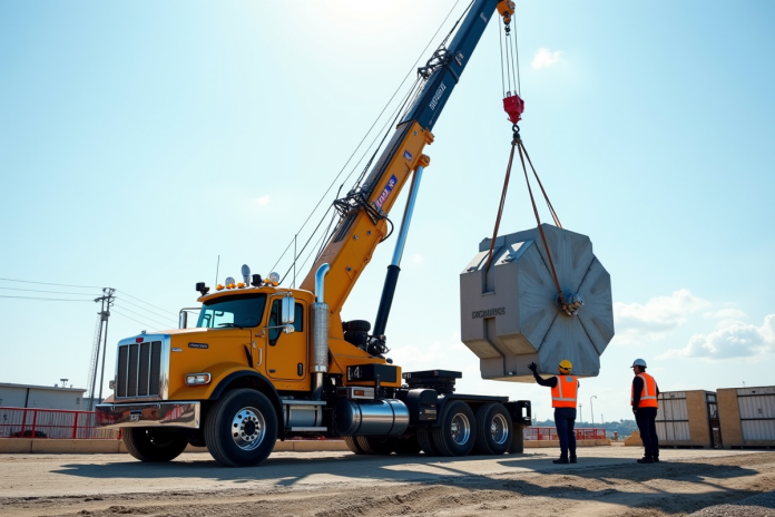 Camion avec grue installant une plaque d'ancrage solide sur un chantier