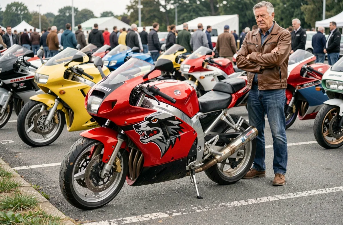 GSXR 1100 de 1992 exposée à un rassemblement de motos classiques avec pneus d'époque fissurés visibles