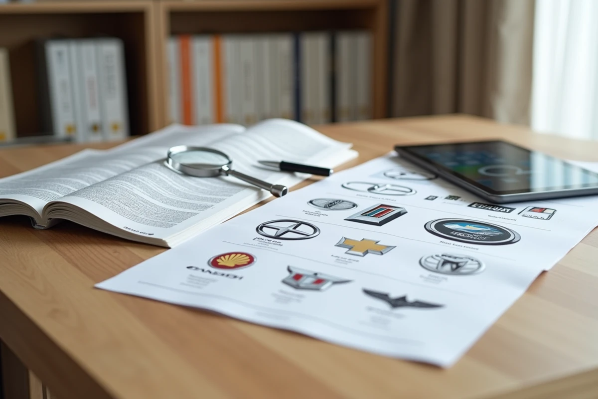 Flat lay de guides visuels et logos de marques de voitures imprimés sur un bureau en bois, ressource de référence pour identifier les emblèmes automobiles