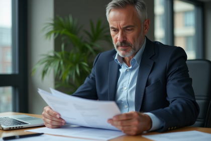 Homme d'affaires examine des documents de leasing et assurance