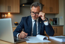 Homme d'affaires en costume bleu examine des documents fiscaux