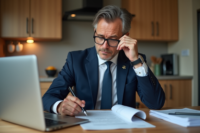 homme-affaires-lecture-documents Homme d'affaires en costume bleu examine des documents fiscaux