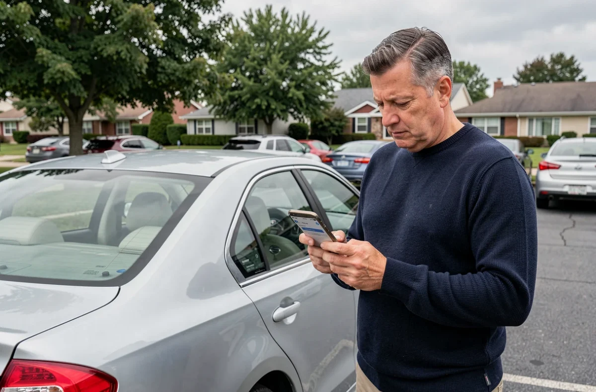 Homme consultant une application de comparaison d'assurance auto sur smartphone devant sa voiture
