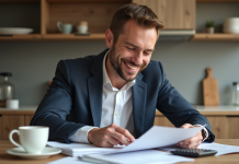 Homme d'âge moyen souriant avec documents d'assurance voiture