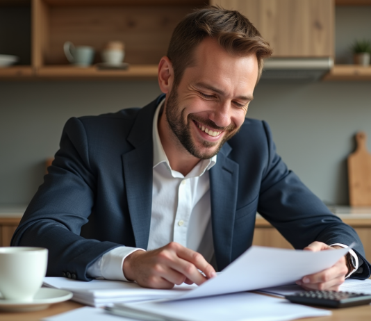 Homme d'âge moyen souriant avec documents d'assurance voiture