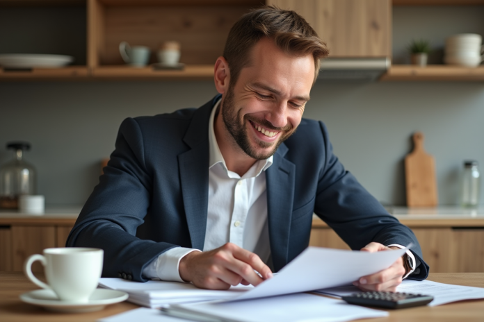 Homme d'âge moyen souriant avec documents d'assurance voiture