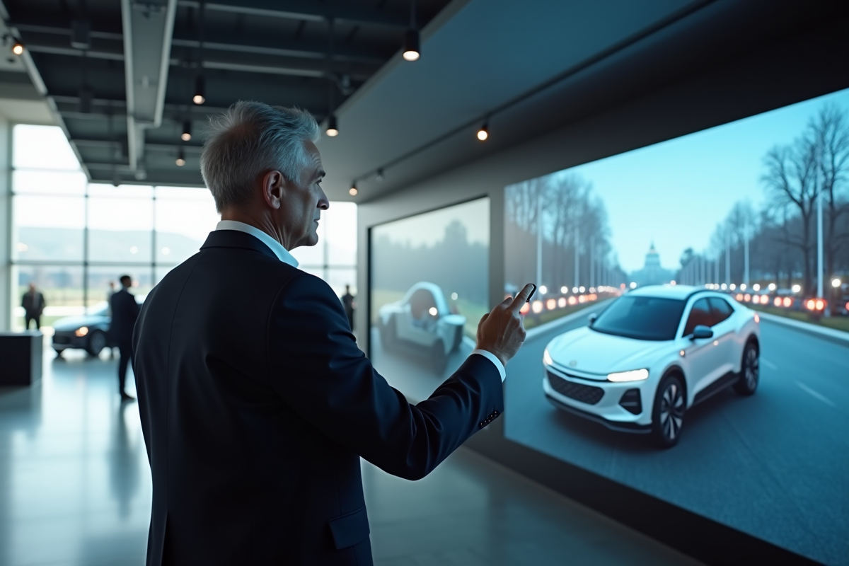 Homme regardant configurateur auto dans showroom intérieur