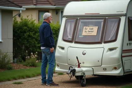 Homme d'âge moyen examine une caravane d'occasion devant une maison
