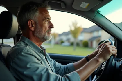Homme d'âge moyen conduisant une voiture en banlieue