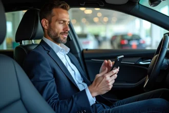 Un homme consulte le site salonautomonaco.com sur son smartphone avant un essai en concession automobile