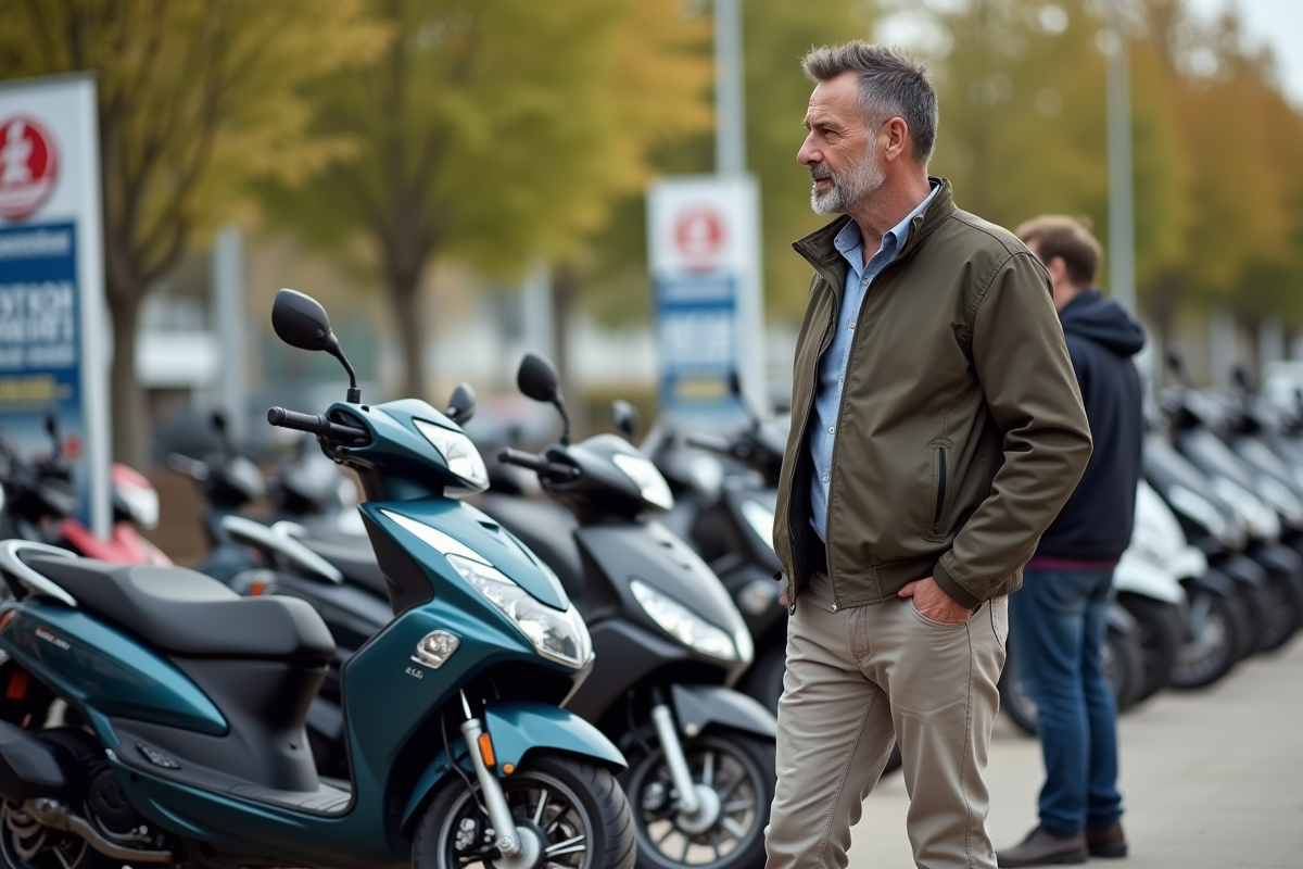 Homme inspectant des motos sans permis dans un concessionnaire