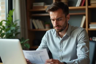 Homme examinant un procès-verbal avec une immatriculation erronée assis à son bureau