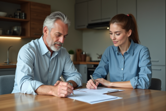Homme et femme discutant documents de vente de voiture à la maison
