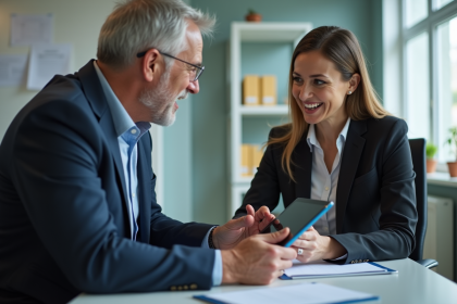 Homme d'âge moyen discutant avec une agente d'assurance