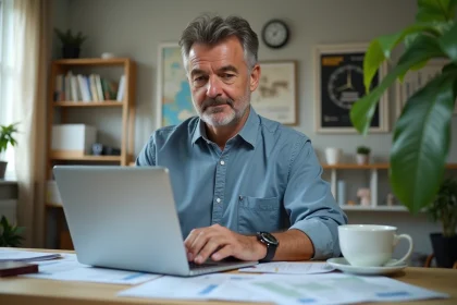 Homme français au bureau avec documents et ordinateur