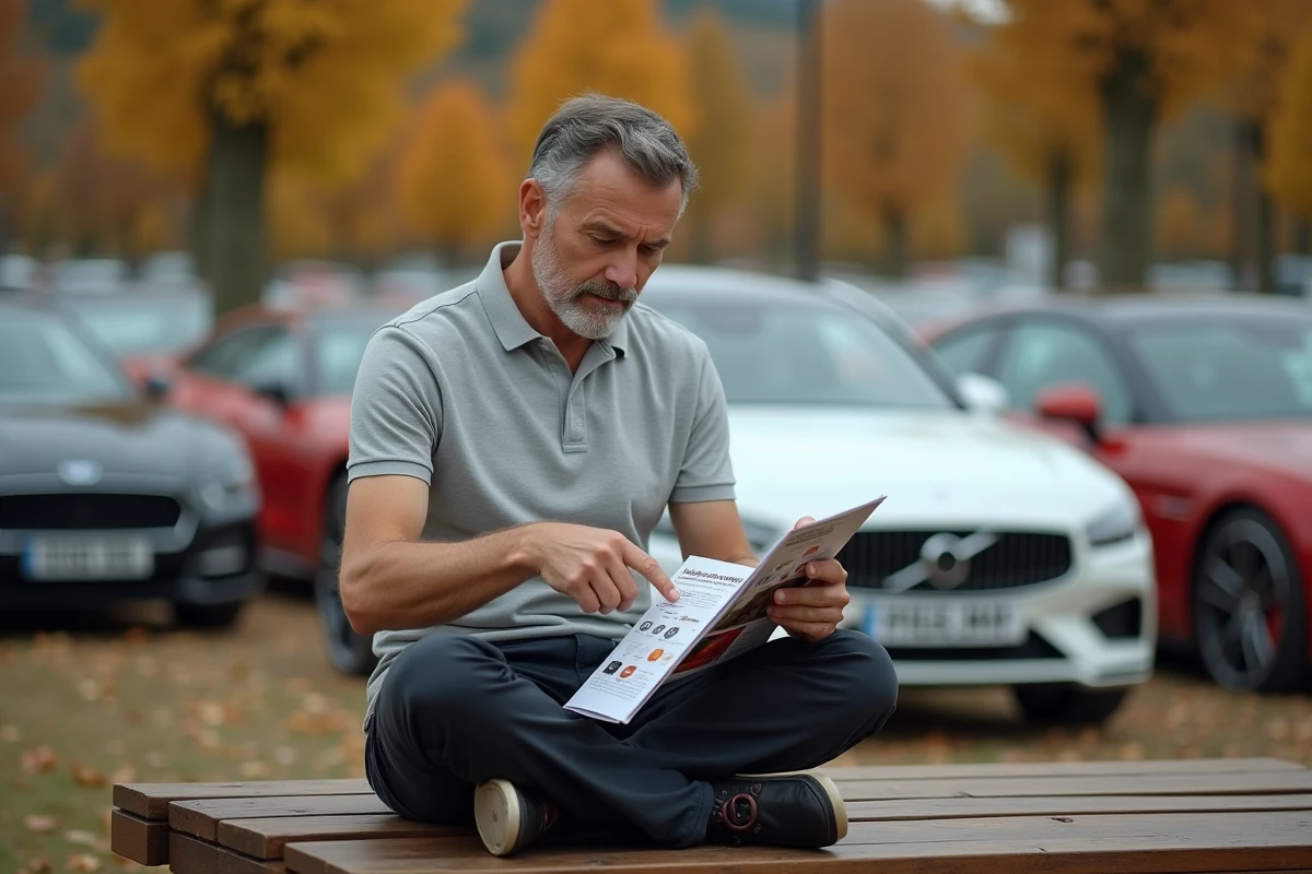 Homme consultant un guide des marques automobiles lors d'un rassemblement de voitures en plein air
