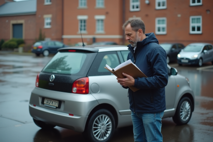 Homme inquiet avec voiture endommagée en parking urbain