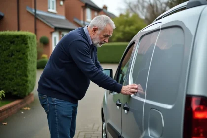 Homme inspectant une Peugeot Partner Tepee à l'extérieur
