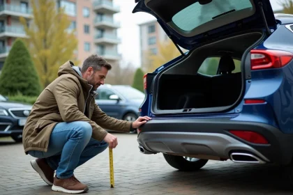 Homme mesurant le coffre d'une voiture 2026 à l'extérieur
