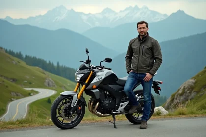 Homme en veste textile et jeans avec moto Honda CB 500X en montagne