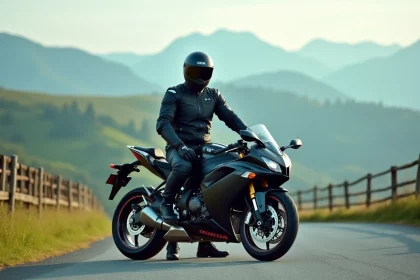 Homme en équipement moto avec Honda CBR 1000 F sur route