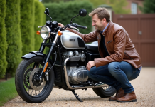 Moto : comment choisir un modèle durable pour longévité optimale ? Homme inspectant une moto de tourisme en extérieur