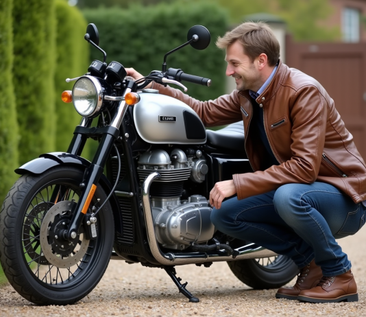 Moto : comment choisir un modèle durable pour longévité optimale ? Homme inspectant une moto de tourisme en extérieur