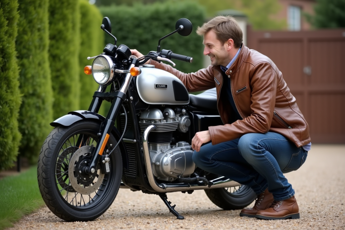 homme-moto-inspection Homme inspectant une moto de tourisme en extérieur