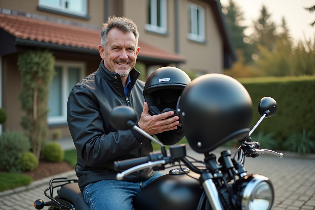 Homme testant différents casques de moto devant sa moto à l