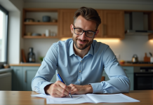 Homme en milieu de 30 ans remplissant papiers d'immatriculation dans une cuisine