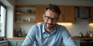 Homme en milieu de 30 ans remplissant papiers d'immatriculation dans une cuisine