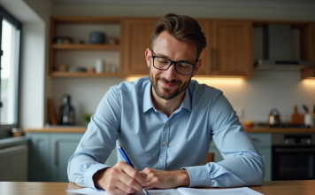 Refaites votre carte grise facilement sans ANTS : conseils efficaces Homme en milieu de 30 ans remplissant papiers d'immatriculation dans une cuisine