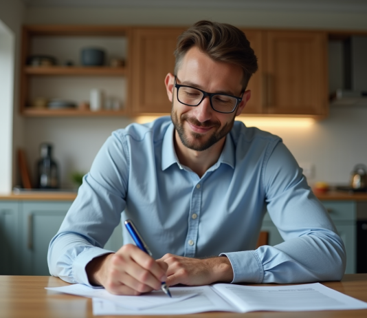 Homme en milieu de 30 ans remplissant papiers d'immatriculation dans une cuisine
