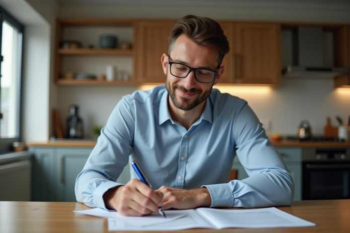 homme-papiers-immatriculation-kitchen Homme en milieu de 30 ans remplissant papiers d'immatriculation dans une cuisine