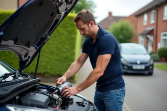 Homme vers 30 ans versant de l'huile dans une Peugeot 208
