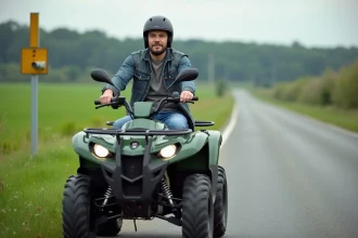 Homme en casual avec casque sur un quad électrique en campagne