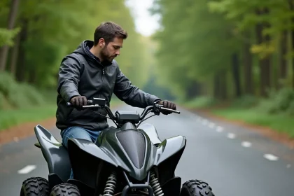 Homme inspectant le tableau d'un quad électrique en extérieur